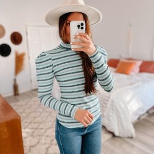Maeve Anthropologie Blue Striped Puff Shoulder Turtleneck Sweater Size Medium